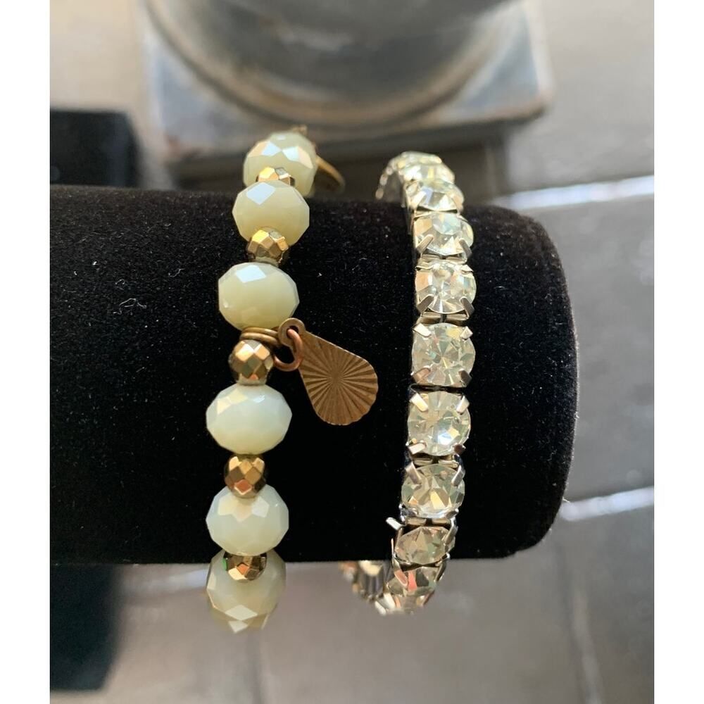 Erimish Beaded Bracelet and Clear Crystal Bracelet SET of 2 Stretch, Stamped